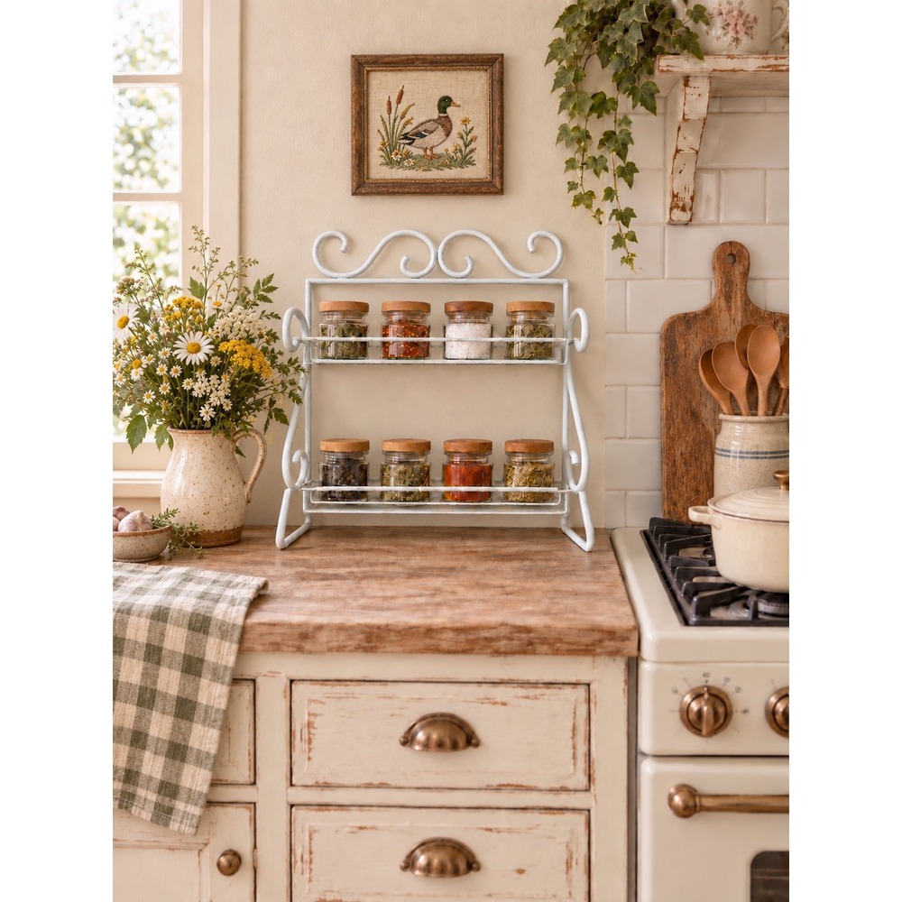 Ivory/White-ish Metal Spice Rack Scrollwork Countertop Wall Organizer Shelf